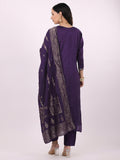 Satrangi Women's Purple Viscose Silk Embroidered Three Fourth Sleeve Round Neck Kurta Set