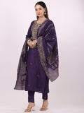 Satrangi Women's Purple Viscose Silk Embroidered Three Fourth Sleeve Round Neck Kurta Set