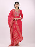 Satrangi Women's Pink Viscose Silk Embroidered Kurta Set with Three Fourth Sleeve Round Neck