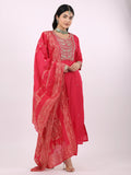 Satrangi Women's Pink Viscose Silk Embroidered Kurta Set with Three Fourth Sleeve Round Neck