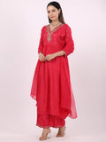 Satrangi Women's Pink Viscose Silk Embroidered 3/4th Sleeve V Neck Kurta Set
