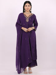 Satrangi Women's Purple Viscose Silk Embroidered 3/4th Sleeve V Neck Kurta Set