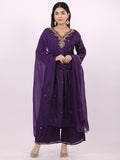 Satrangi Women's Purple Viscose Silk Embroidered 3/4th Sleeve V Neck Kurta Set