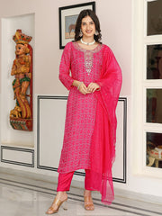 Satrangi Women's Pink Embroidered Viscose-Silk Kurta Set with Dupatta - Round Neck, 3/4 Sleeves