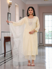 Satrangi Women's Off White Embroidered Viscose-Silk Kurta Set with Dupatta - Round Neck, 3/4 Sleeves