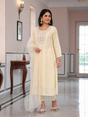 Satrangi Women's Off White Embroidered Viscose-Silk Kurta Set with Dupatta - Round Neck, 3/4 Sleeves