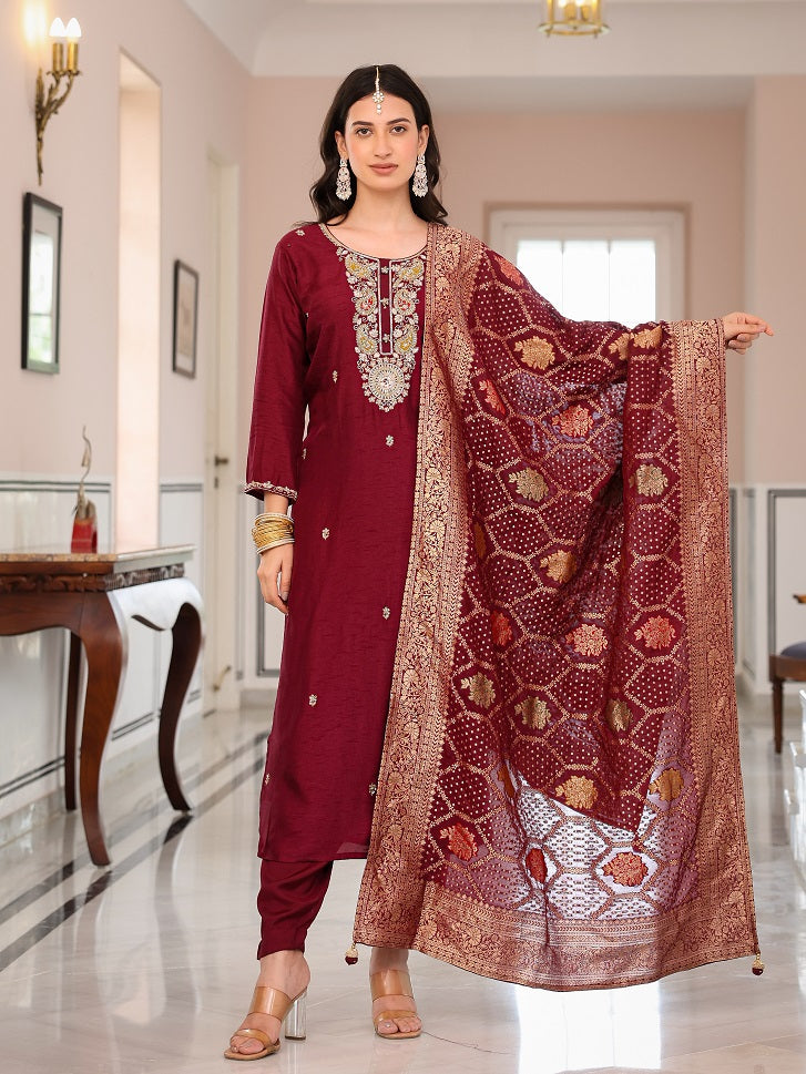 Satrangi Women's Maroon Embroidered Viscose-Silk Kurta Set with Dupatta - Round Neck, 3/4 Sleeves