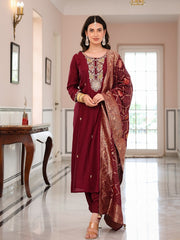 Satrangi Women's Maroon Embroidered Viscose-Silk Kurta Set with Dupatta - Round Neck, 3/4 Sleeves