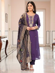 Satrangi Women's Purple Embroidered Viscose-Silk Kurta Set with Dupatta - Round Neck, 3/4 Sleeves