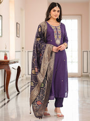 Satrangi Women's Purple Embroidered Viscose-Silk Kurta Set with Dupatta - Round Neck, 3/4 Sleeves