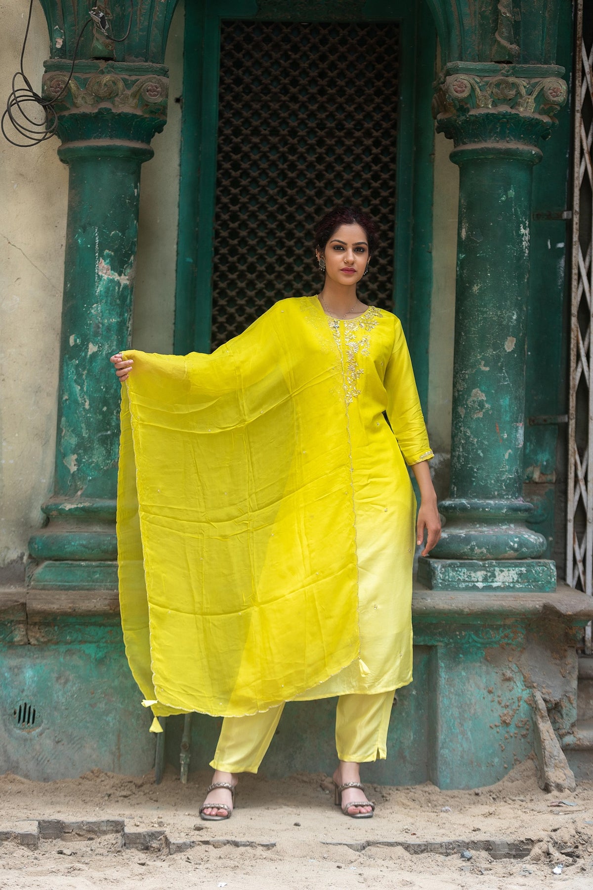 Satrangi Women's Yellow Embroidered Viscose-Silk Kurta Set with Dupatta - Round Neck, 3/4 Sleeves