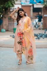 Satrangi Women's Orange Floral 3/4 Sleeve Sleeve Kurta and Pant Set with Dupatta in Viscose