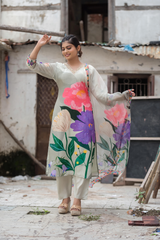 Satrangi Women's Grey Floral 3/4 Sleeve Sleeve Kurta and Pant Set with Dupatta in Viscose