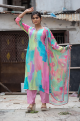 Satrangi Women's Multicolour Abstract 3/4 Sleeve Sleeve Kurta and Pant Set with Dupatta in Viscose