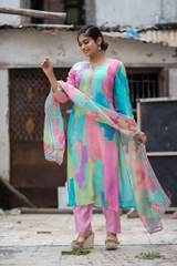 Satrangi Women's Multicolour Abstract 3/4 Sleeve Sleeve Kurta and Pant Set with Dupatta in Viscose