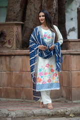 Satrangi Women's Sky Blue Floral Full Sleeve Sleeve Kurta and Pant Set with Dupatta in Viscose