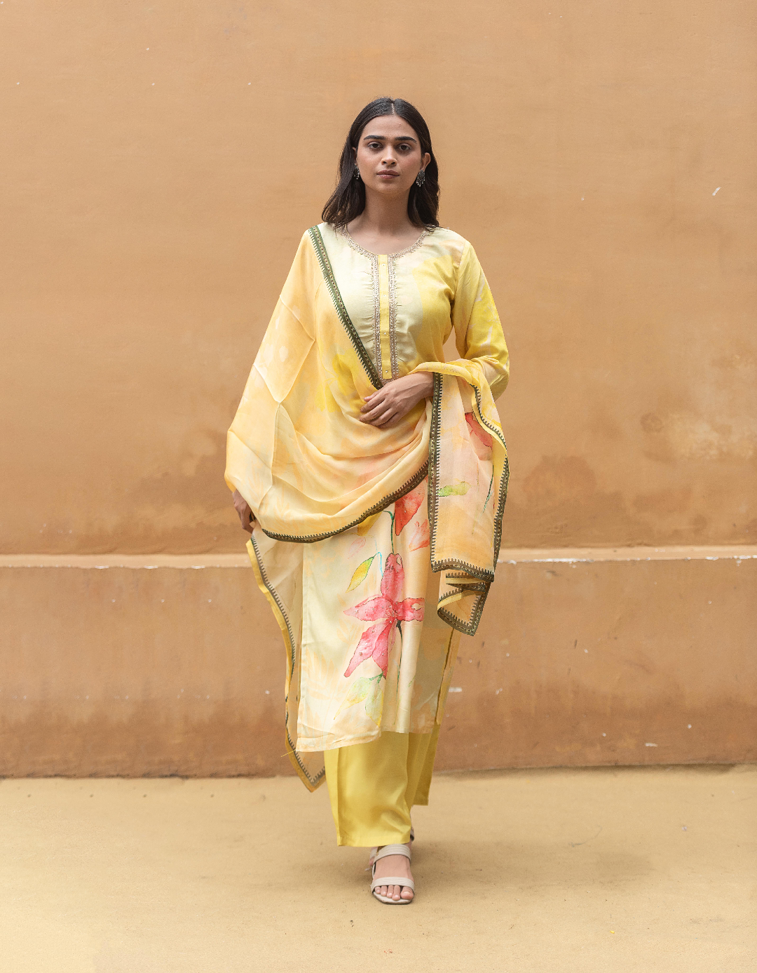 Satrangi Women's Yellow Floral Full Sleeve Sleeve Kurta and Pant Set with Dupatta in Viscose