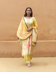 Satrangi Women's Yellow Floral Full Sleeve Sleeve Kurta and Pant Set with Dupatta in Viscose