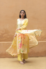 Satrangi Women's Yellow Floral Full Sleeve Sleeve Kurta and Pant Set with Dupatta in Viscose