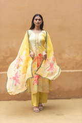 Satrangi Women's Yellow Floral Full Sleeve Sleeve Kurta and Pant Set with Dupatta in Viscose