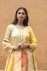 Satrangi Women's Yellow Floral Full Sleeve Sleeve Kurta and Pant Set with Dupatta in Viscose