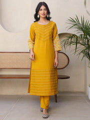 Satrangi Women's Yellow Cotton Embroidered Kurta Pant Set - Round Neck, 3/4th Sleeve - Satrangi Fashion