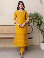 Satrangi Women's Yellow Cotton Embroidered Kurta Pant Set - Round Neck, 3/4th Sleeve - Satrangi Fashion