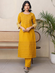 Satrangi Women's Yellow Cotton Embroidered Kurta Pant Set - Round Neck, 3/4th Sleeve - Satrangi Fashion