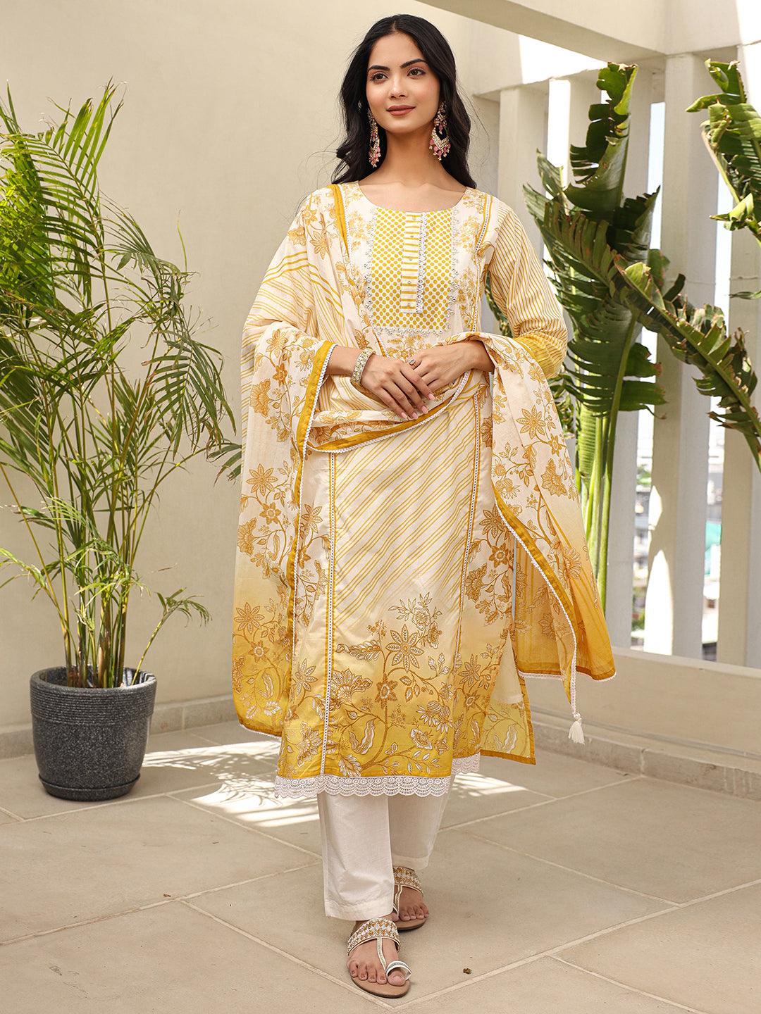 Satrangi Women's Yellow & White Cotton Printed 3/4th Sleeve Round Neck Kurta Pant Set - Satrangi Fashion