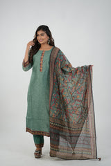 Satrangi Women's Green Printed Dress & Green Pant Set in CHANDERI