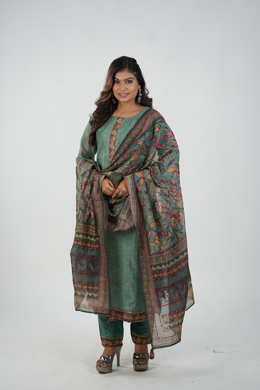 Satrangi Women's Green Printed Dress & Green Pant Set in CHANDERI