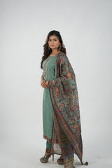 Satrangi Women's Green Printed Dress & Green Pant Set in CHANDERI