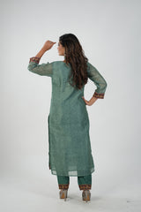 Satrangi Women's Green Printed Dress & Green Pant Set in CHANDERI