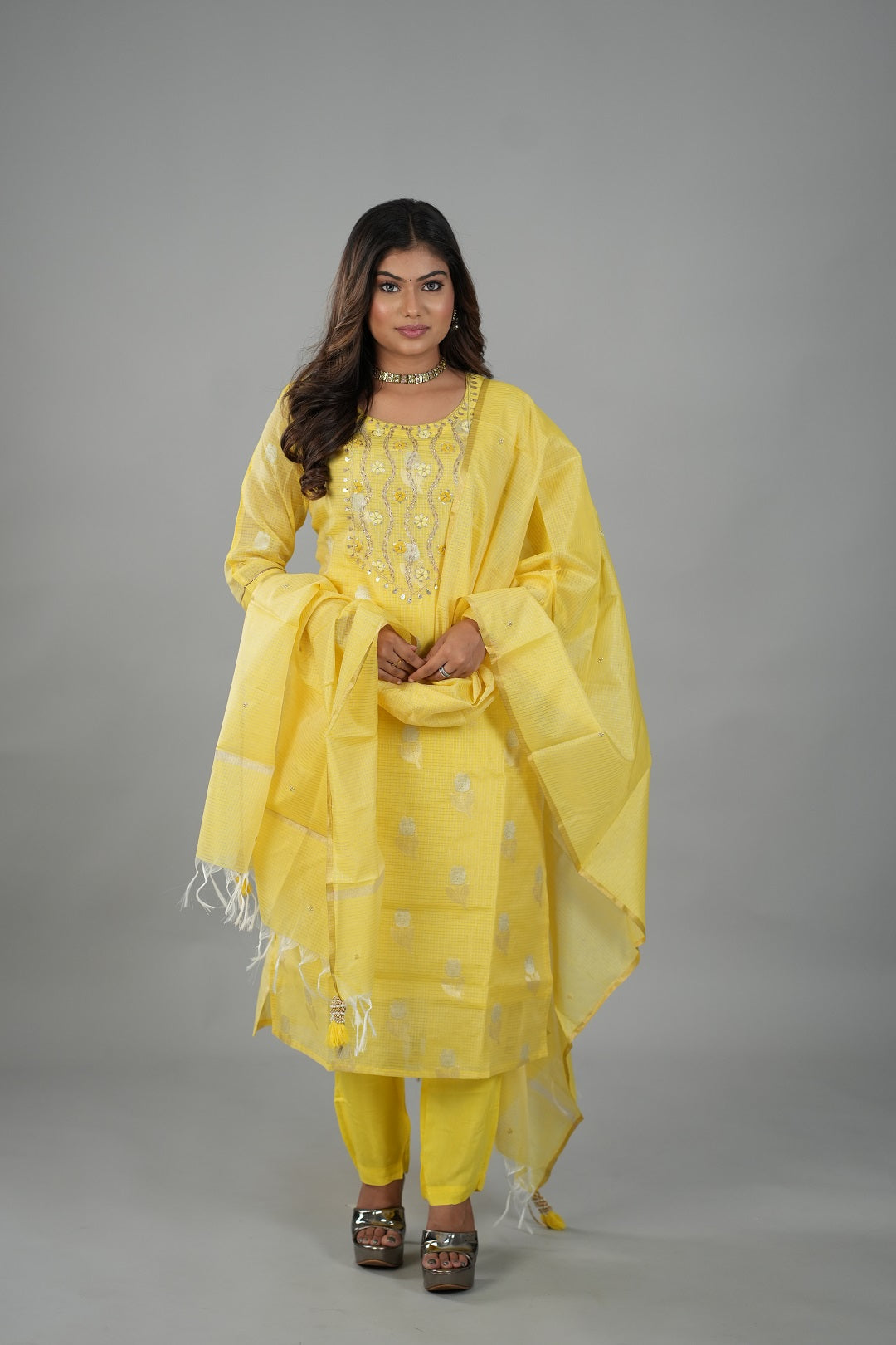 Satrangi Women's Yellow Embroidered Dress & Yellow Pant Set in KOTA DORIYA