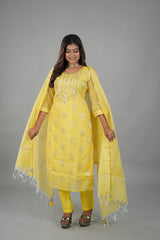 Satrangi Women's Yellow Embroidered Dress & Yellow Pant Set in KOTA DORIYA