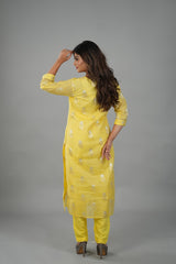 Satrangi Women's Yellow Embroidered Dress & Yellow Pant Set in KOTA DORIYA