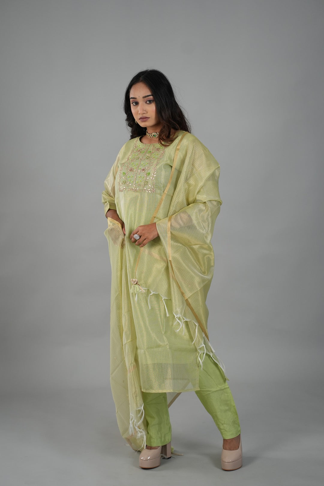 Satrangi Women's Green Embroidered Dress & Green Pant Set in KOTA DORIYA