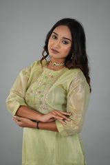 Satrangi Women's Green Embroidered Dress & Green Pant Set in KOTA DORIYA