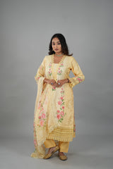 Satrangi Women's Mustered Yellow Printed Dress & Mustered Yellow Pant Set in VISCOSE