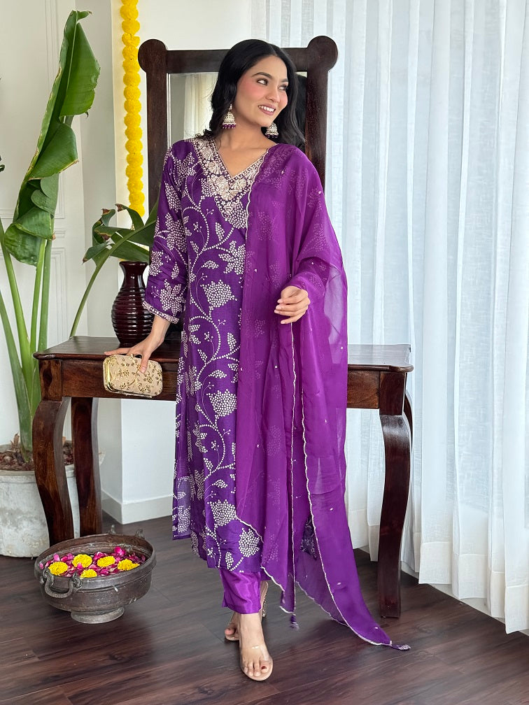 Satrangi Women's Purple Floral Viscose-Silk Kurta Set with Dupatta - V Neck, 3/4 Sleeves