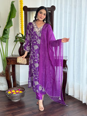 Satrangi Women's Purple Floral Viscose-Silk Kurta Set with Dupatta - V Neck, 3/4 Sleeves