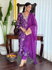 Satrangi Women's Purple Floral Viscose-Silk Kurta Set with Dupatta - V Neck, 3/4 Sleeves