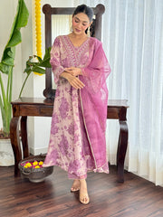 Satrangi Women's Purple Floral Viscose-Silk Flared Kurta Set with Dupatta - V Neck, 3/4 Sleeves