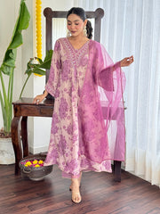 Satrangi Women's Purple Floral Viscose-Silk Flared Kurta Set with Dupatta - V Neck, 3/4 Sleeves