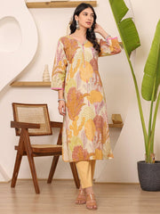 Satrangi Women's Beige Cotton V - Neck Printed Kurta - 3/4th Sleeve - Satrangi Fashion