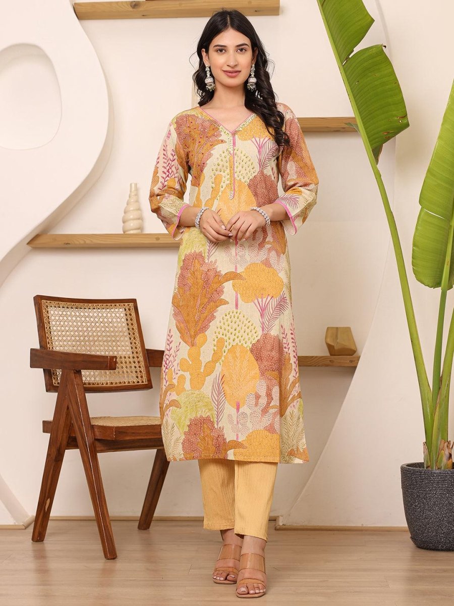 Satrangi Women's Beige Cotton V - Neck Printed Kurta - 3/4th Sleeve - Satrangi Fashion