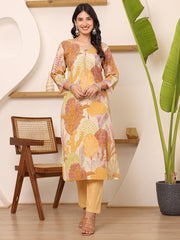 Satrangi Women's Beige Cotton V - Neck Printed Kurta - 3/4th Sleeve - Satrangi Fashion