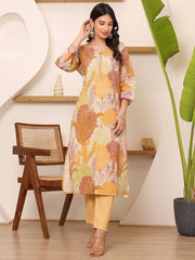 Satrangi Women's Beige Cotton V - Neck Printed Kurta - 3/4th Sleeve - Satrangi Fashion