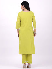 Satrangi Women's Green Cotton Embroidered 3/4th Sleeve Round Neck Kurta Set - Satrangi Fashion