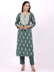 Satrangi Women's Green Cotton Regular Fit 3/4th Sleeve Round Neck Printed Kurta Set - Satrangi Fashion